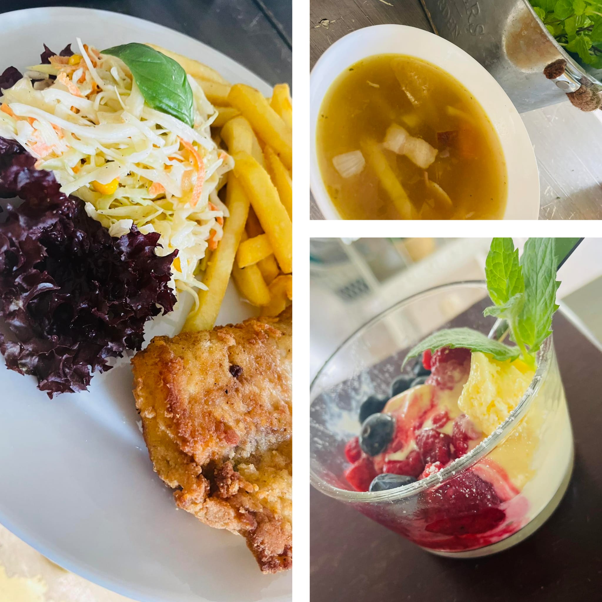 Delicious collage showing lunch, soup, and dessert drink