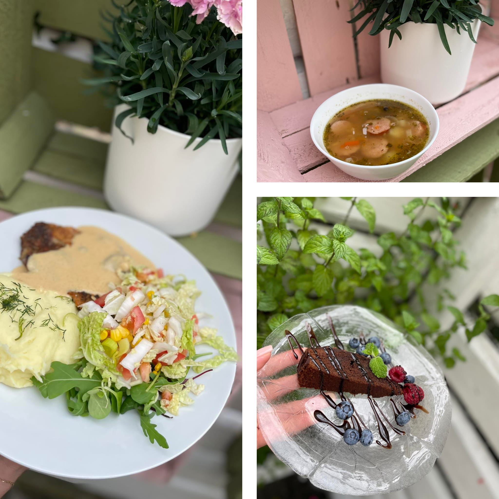 Elegant collage showing steak, soup, and chocolate dessert