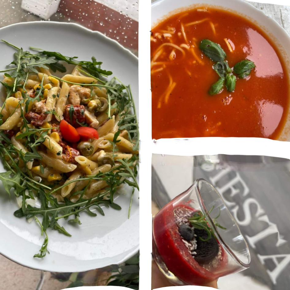 Kolaż: penne z rukolą i pomidorkami, krem z pomidorów z bazylią, drink owocowy